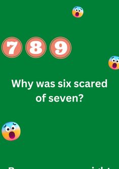 Funny math joke about number six being scared of seven, on green background. The image has text and emoticons. Number Seven