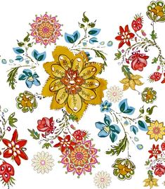 an artistic floral design with many colors and designs on white background, including red, yellow, blue, green, orange and pink flowers