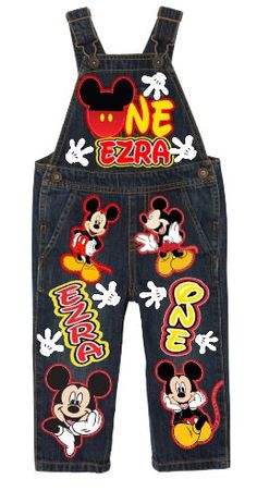 mickey mouse denim overalls with patches on the front and back, all in different colors