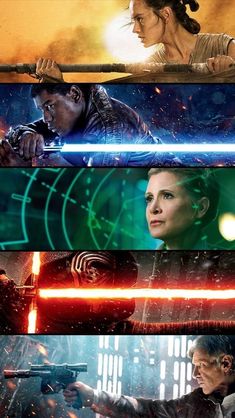 the poster for star wars is shown in four different colors and sizes, including one with lights