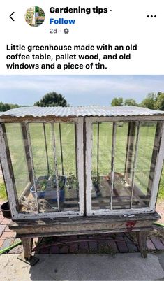 an old wooden bench with glass windows on it's sides and the words gardening tips below