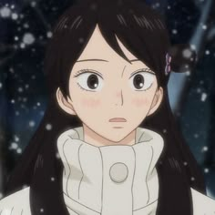 an anime character with long black hair wearing a white coat and snow falling on her face