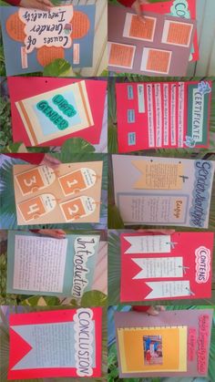 several different types of cards with words and pictures on them, all in different colors