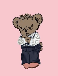 a drawing of a teddy bear wearing a shirt and pants with his hands in his pockets