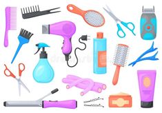 various types of hair care products arranged in a circle on a white background royalty illustration