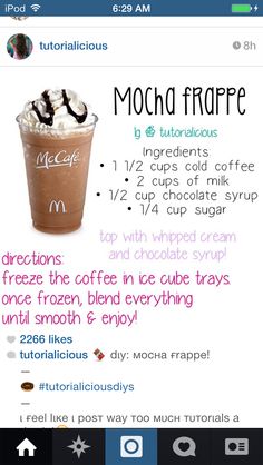 the menu for mocha frappe is shown in this screenshoto screen shot