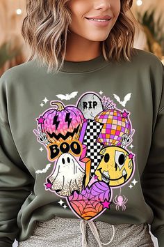 Retro Halloween Graphic Fleece Sweatshirts.Unisex Crew Neck Long Sleeve Sweaters Knits.Crafted from premium materials, tailored to your lifestyle, ensuring a comfortable fit for any occasion.Family Group Uniforms Birthday Party Gift Concert Festival Events.High Quality Direct To Film Printed Graphic Design.50%COTTON,50%POLYESTERNICARAGUAMade In: Nicaragua Playful Letter Print Sweater For Fall, Green Cartoon Print Top For Fall, Green Cartoon Print Tops For Fall, Playful Fall Streetwear Tops, Playful Green Sweatshirt For Fall, Playful Green Fall Sweatshirt, Pink Tops With Cartoon Print For Fall, Pink Cartoon Print Tops For Fall, Playful Letter Print Sweatshirt For Fall