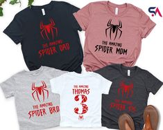 We choose one of these brands according to stock status; Bella Canvas, Gildan Soft Style, Next Level, and Rustic. If you want a specific brand please tell us.  Custom Spider Hero Birthday T-Shirt, Spider Mom T-Shirt, Super Mom Family shirt, Toddler Birthday Shirt, Spider Dad Tee, Superhero T-Shirt ---HOW TO ORDER --- 1-) Please, check and review all photos 2-) Choose your t-shirt Size and Color 3-) Click add to cart. You can go back to add more product 4-) Click "Proceed to check out" 5-) When y Spider Man Family Shirts, Superhero Fan Merchandise Tops With Letter Print, Superhero Letter Print Tops For Fans, Superhero Letter Print Tops For Fan Merchandise, Superhero Letter Print Tops As Fan Merchandise, Spiderman Birthday Party, Mens Birthday Party, Family Mom, Spiderman Birthday