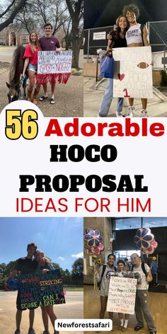 people holding up signs with the words, adorable hoco proporal ideas for him