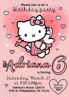 a hello kitty birthday party with hearts and an angel on the front, pink background