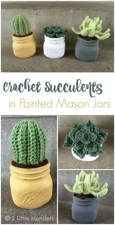 crochet succulents in painted mason jars are so easy to make