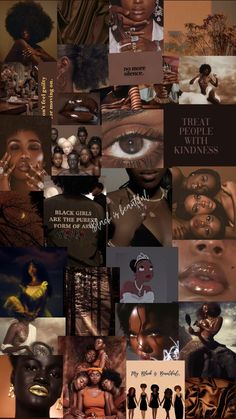 the collage shows many different images and words, including an image of a woman's face