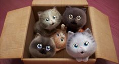 a group of cats sitting in a cardboard box with eyes wide open and looking at the camera