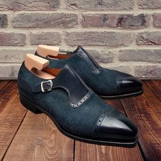 New Handmade Dark Blue Leather & Blue Suede Single Monk Strap Cap Toe Celebrity Shoes For Men's on Storenvy Celebrity Shoes, Monk Shoes, Quality Leather Boots, Leather Formal Shoes, Custom Design Shoes, Suede Leather Shoes, Blue French, Leather Boot Shoes, Mens Fashion Shoes