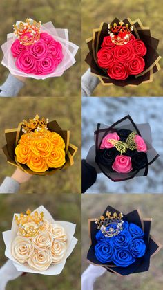 six different types of roses in paper with gold brooches on them, each one being held by someone's hand