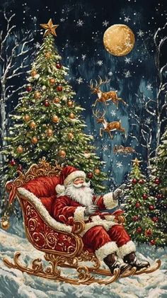 a painting of santa claus sitting in his sleigh next to a christmas tree