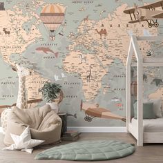 a child's bedroom with a map wallpaper