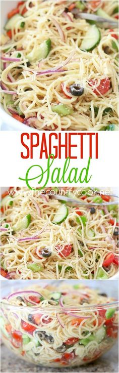 spaghetti salad with tomatoes, cucumbers and olives in a white bowl