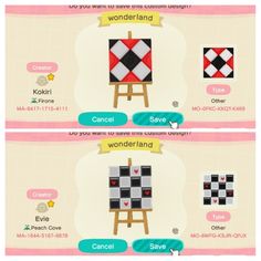 the screen shows how to use different colors and shapes for an art project in animal crossing