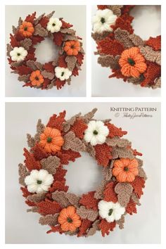 crocheted fall wreath with white and orange flowers