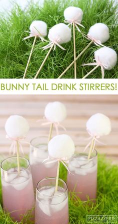 bunny tail drink stirrers with marshmallows on sticks in the grass