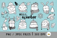 hello winter svt clipart set with cute animals and snowflakes on blue background