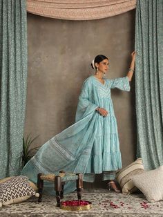 Neer- Firoza Blue Cotton Printed Salwar Suit from Maison Shefali now available at Trendroots Luxury Blue Cotton Salwar Kameez, Indian Wear Photoshoot Ideas, Summer Kurti, Printed Salwar Suit, Simple Suits, City Palace Jaipur, Block Printed Kurta, Block Printed Suits, Printed Suit