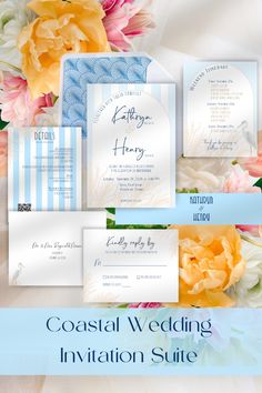 This editable wedding invitation suite captures the romance and ease of coastal luxury in every detail, with colors of soft blue and warm beige, and perfectly sets the tone for your day. Each piece has been thoughtfully designed to provide a cohesive, enchanting, and breezy look from the stunning retro styled blue Envelope Liner offering a delightful surprise upon opening, to the Belly Band wrapping everything together in an elegant bundle. 
This beautiful wedding stationery is editable in Canva and can be easily customized with your event details and sent out to your guests. Artwork can be added/resized/deleted; text color, font, & text size can be changed; background color can be changed.