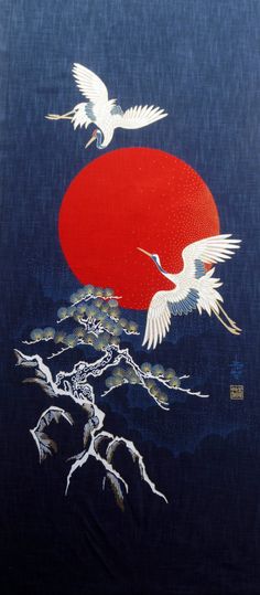 two white birds flying in front of a red sun on a dark blue sky background