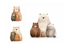 four bears are standing together in the same color and size as one bear is sitting down