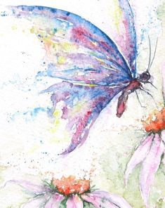 a watercolor painting of a butterfly and flowers