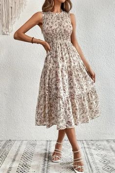 Floral Print Frill Neck Dress, Elegant Shirred Bust Sleeveless A-line Dress For Spring & Summer Midi Dress Outfit, Dress For Spring, Dress Elegant, No Frills, Elegant Dresses, Summer Women, A Line Dress, Neck Dress, A Line