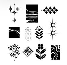 a variety of black and white designs on a white background, each with different shapes