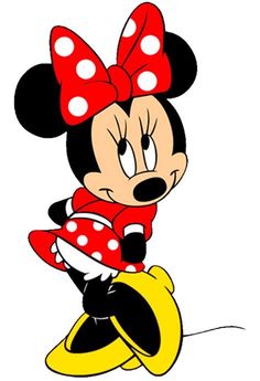 minnie mouse with a red bow on her head and yellow skirt, sitting in the middle of