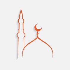 an orange mosque with a crescent on the top and a star in the middle, against a white background