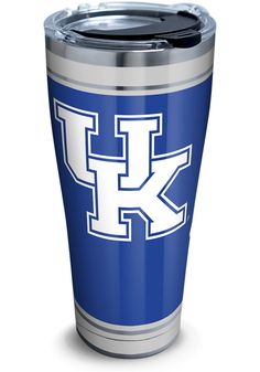 the kentucky university logo is shown on a blue and silver tumbler