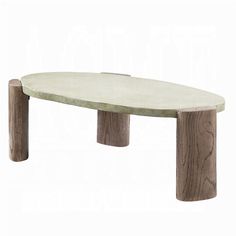 an oval table with two wooden legs and a stone top, on a white background