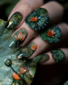 Lily Pad Nail Art, Luna Moth Nail Art, Cottagecore Nail Ideas, Pond Nail Art, Lily Pad Nails, Pond Nails, Nail Designs For Autumn, Forest Green Nails, Green Nails Designs