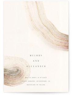 a wedding card with the words melody and alexandria written on it in white ink, surrounded by swirling swirls