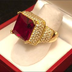 Brand New 10000% Authentic Men’s 14k Gold Over Solid 925 Sterling Silver Wedding Engagement Ruby Ring With It’s Orignal Box All Sizes Are Available From 8 To 12 Just Let Me Know After Purchasing What Size U Want It’s Not Going To Change Color Go To Any Jeweler And Check It You Will Definitely Come Again To Get More Stuff Luxury Gold Ruby Ring With Vs Clarity, Luxury Ruby Ring With Vs Clarity For Formal Events, Classic Gold Ruby Ring With Cubic Zirconia, Formal Gold Ruby Ring With Vvs Clarity, Silver Ruby Ring, Jewelry Fashion Trends, Mens Gold, Ruby Ring, Silver Wedding