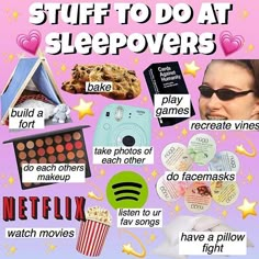 there are many things to do at sleepovers on this pink background with stars and text