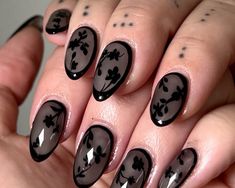 Lace Gel Nails, Black Lace French Tip Nails, Gothic Floral Nails, Black Sheer Nails, Cemetery Nails, Nails Gothic Ideas, Black Lace Nails Designs, Morticia Nails, Short Alt Nails