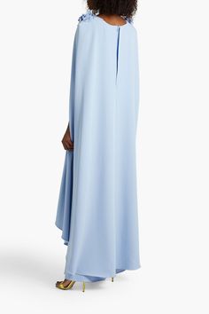 MARCHESA NOTTE Cape-effect floral-appliquéd cady gown | THE OUTNET Gown With Cape, What To Wear Skiing, Fabric Construction, Split Design, فستان سهرة, Designer Gowns, Shoes With Jeans, Marchesa, Clothing Dresses