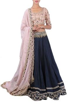 Blue and pink embroidered lehenga set by Pleats | Carmaonline shop Bohemian Blue Georgette Lehenga, Blue Bohemian Floor-length Lehenga, Pink Blue Lehenga, Bohemian Embroidered Blue Lehenga, Blue Ombre Lehenga, Indian Fashion Lehenga, Contemporary Bridal, Wedding Saree Indian