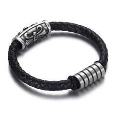 a black leather bracelet with silver accents