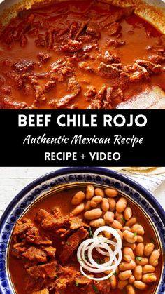 Collage of two photos os beef chile rojo with text overlay. Chili Rojo Recipes, Chile Rojo Recipe, Chile Con Carne Recipe, Beef Chile, Mexican Meat, Like Rice, Beef Ribs Recipe, Mexican Sauce