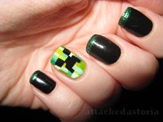 attackedastoria:  since i’m the most indulgent person ever, i did a little minecraft creeper on my nail for my bf. Pink Black Nails, Fun Manicure, Witch Nails, Gel Nail Designs, Nail Art Summer, Beautiful Nail Art, Maquillaje De Ojos