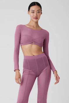 Mesh Sheer Illusion Cropped Long Sleeve - Soft Mulberry | Alo Yoga Chic Alo Yoga Tops For Spring, Spring Fitted Alo Yoga Tops, Chic Fitted Alo Yoga Top, Alo Yoga Fitted Cropped Tops, Alo Yoga Cropped Stretch Top, Illusion Top, Cropped Long Sleeve, Pink Parties, Alo Yoga