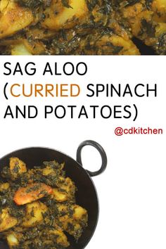 sag aloo curryed spinach and potatoes in a pan with text overlay