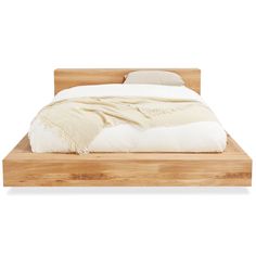 a wooden bed frame with white sheets and pillows on it's headboard, in front of a white background